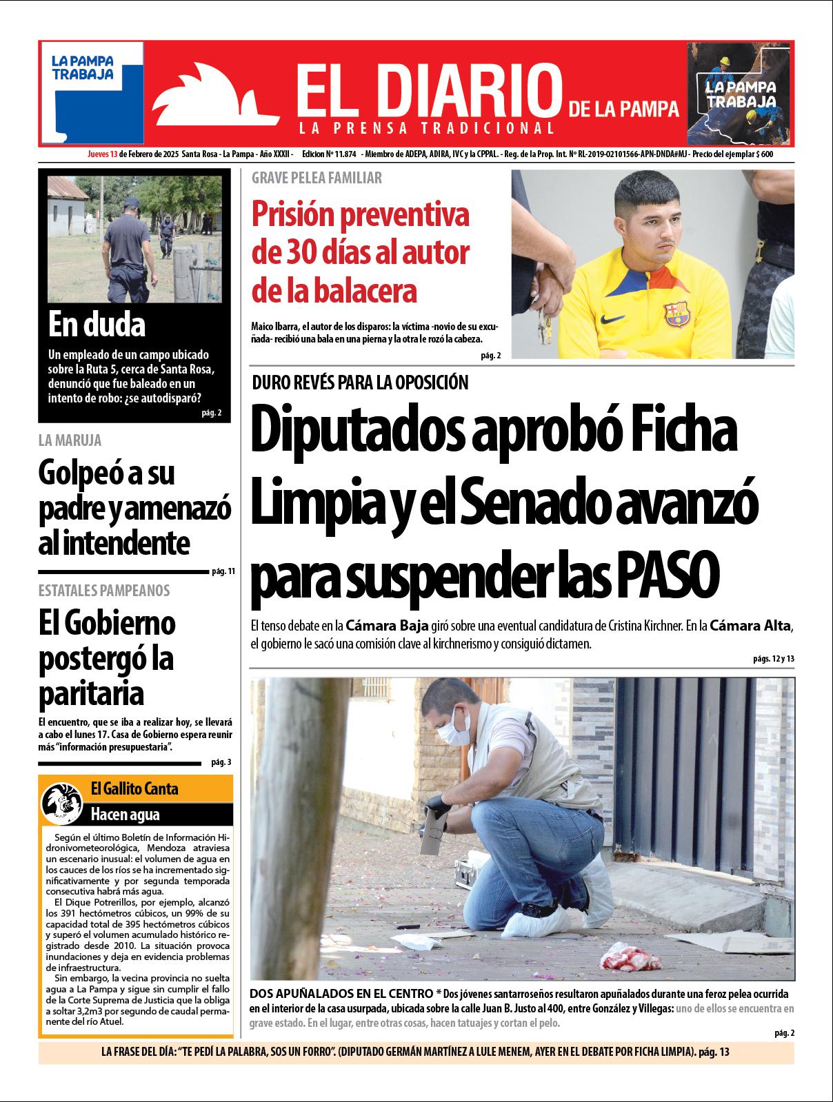 Tapa de El Diario en papel  jueves 13 de febrero de 2025